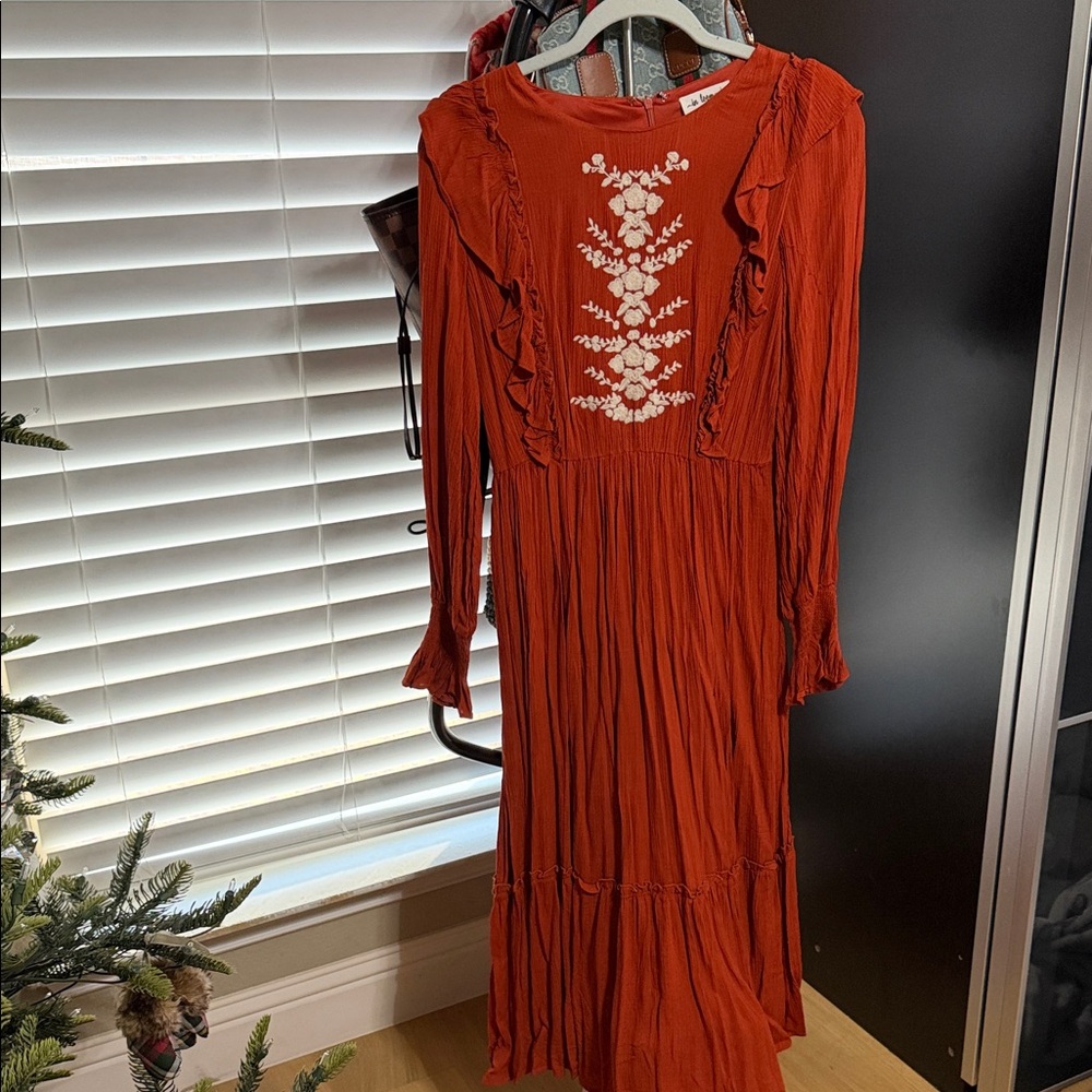 Burnt Orange Long Sleeve Maxi Dress with Embroidery